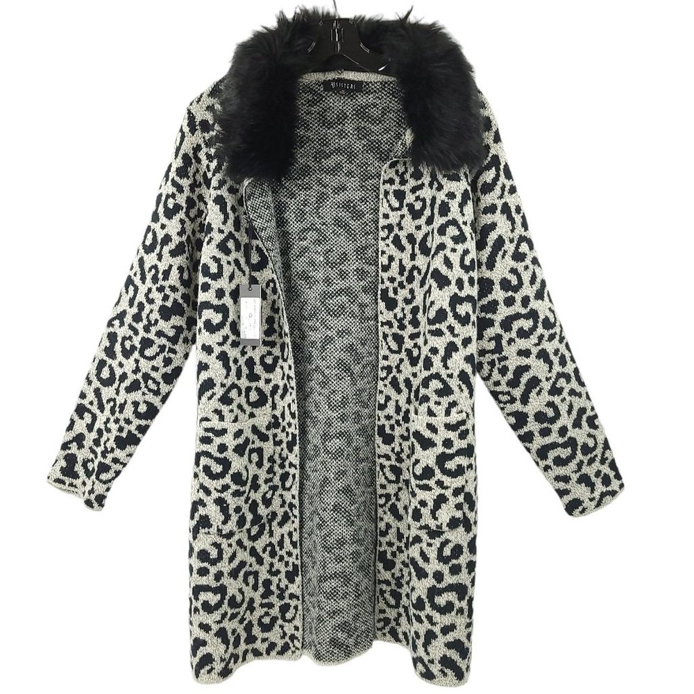 ii Sisters Leopard Print Open Front Long Cardigan Womens M Removable Collar NEW